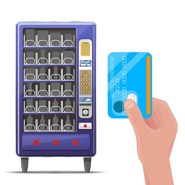 Máquina expendedora y mano con tarjeta de crédito. Máquina expendedora, máquina automática frontal, máquina expendedora de alimentos y bebidas. Ilustración vectorial