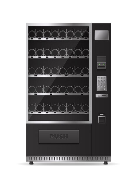 Máquina expendedora moderna vacía monocromo para venta de bebidas y aperitivos aislado