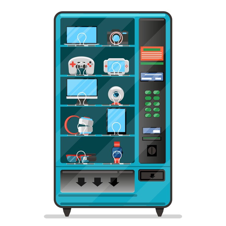 Vector gratuito máquina expendedora de vector con dispositivos electrónicos, gadgets. máquina expendedora, servicio de venta automática, ilustración de la máquina expendedora de mercancías
