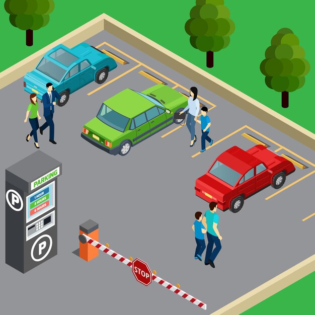 Máquina expendedora en zona de estacionamiento y personas cerca de sus automóviles isométrica 3d