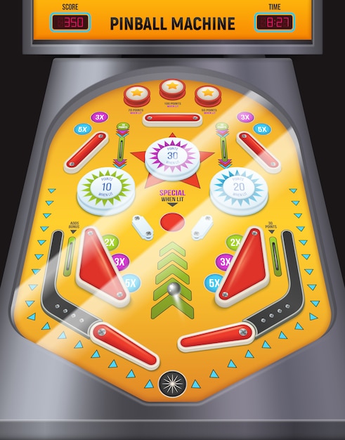 Vector gratuito máquina de juego de composición de pinball de color y dibujos animados en el centro de entretenimiento