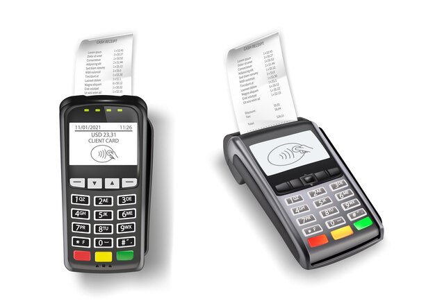 Máquina terminal de pago para tarjetas de crédito con recibos de efectivo establecidos Dos lectores inalámbricos electrónicos para compras tecnología sin contacto para transacciones aisladas en blanco