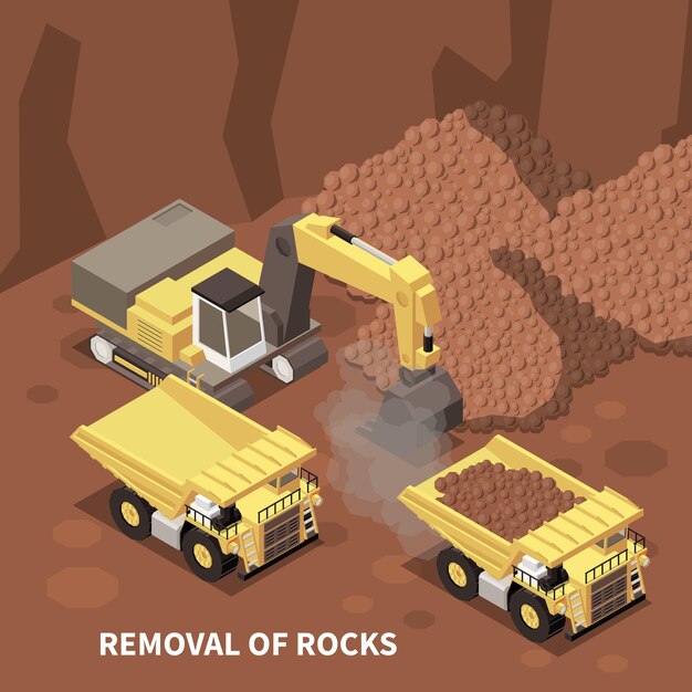 Maquinaria minera con excavadora y dos camiones volquete que quitan rocas ilustración