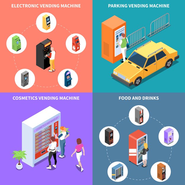 Máquinas expendedoras con cosméticos alimentos y bebidas servicios de estacionamiento concepto de diseño isométrico aislado ilustración vectorial