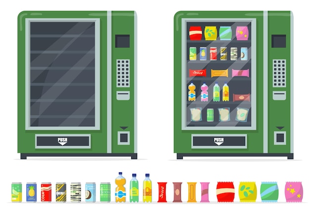 Vector gratuito máquinas expendedoras y set de snacks. patatas fritas, barritas, bebidas enlatadas y automatizar con estantes vacíos.