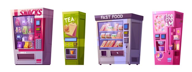 Máquinas expendedoras de snacks de comida rápida, té y helado. Equipos para la venta automática de comidas y bebidas. Conjunto vectorial de dibujos animados de dispensadores automatizados al por menor llenos de una amplia variedad de productos.