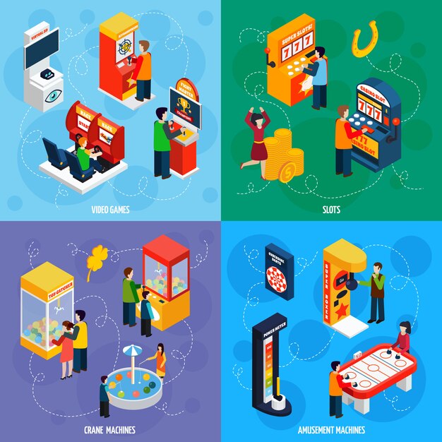 Máquinas de juego isométrica iconos cuadrados
