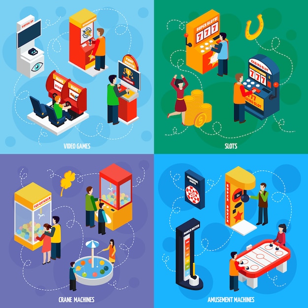 Máquinas de juego isométrica iconos cuadrados