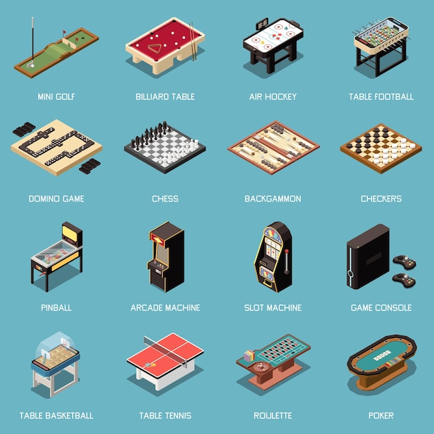 Máquinas recreativas interiores y juegos de mesa iconos isométricos conjunto ilustración vectorial aislada