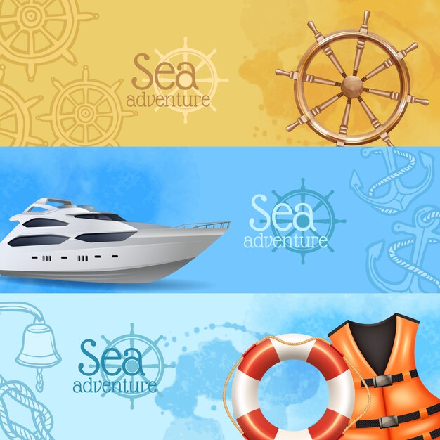 Mar aventura y viajes banners realistas horizontales con yate y timón