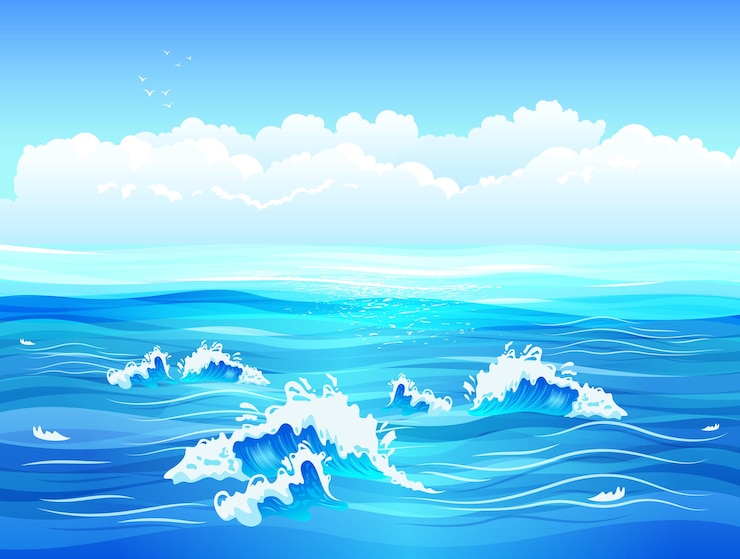 Vector gratuito mar en calma o superficie del océano con pequeñas olas y cielo azul ilustración plana