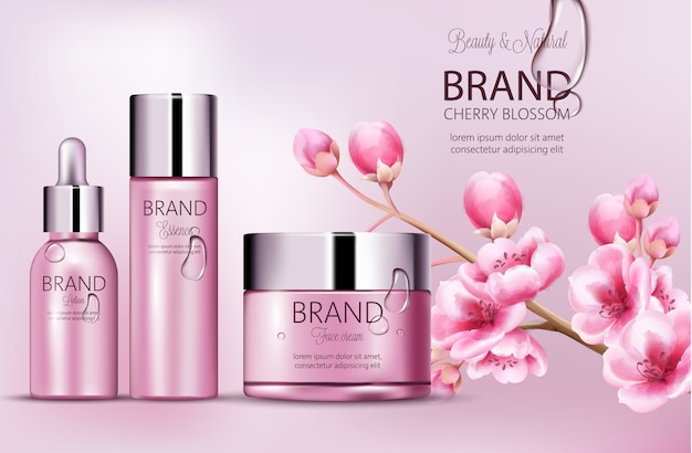 Marca de cosmética rosa cereza. Conjunto de botellas con esencia, crema facial, loción. Colocación de productos. Flor de cerezo. Cubierto de rocío. Lugar para la marca. S realista