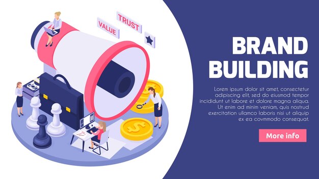 Marca en línea que crea la ilustración isométrica de la empresa de construcción para la plantilla de banner web con símbolos de monedas de ajedrez de megáfono