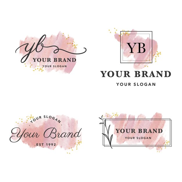 Marca de logotipo de acuarela Splash Plantilla de diseño de logotipo de lujo femenino Insignia Juego de pinceles de melocotón rosa