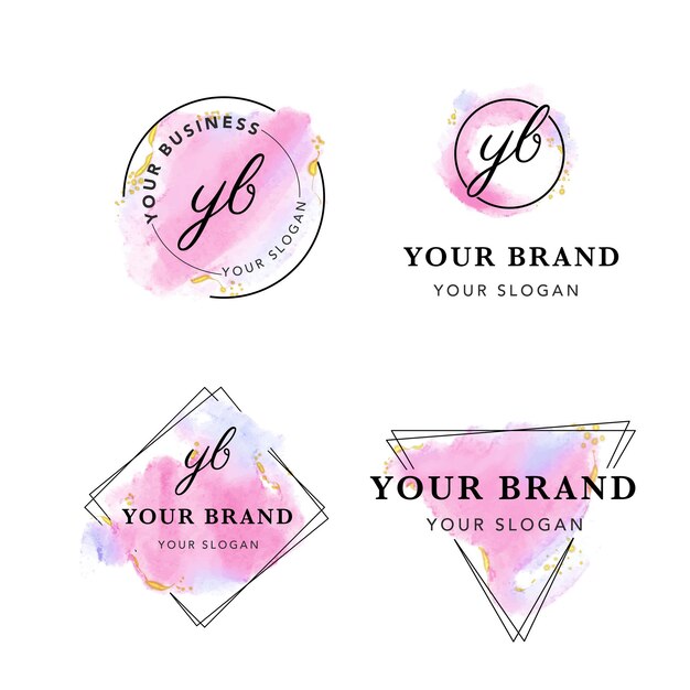 Marca de logotipo de Splash de acuarela Plantilla de diseño de logotipo de lujo femenino Insignia Juego de pinceles de oro rosa