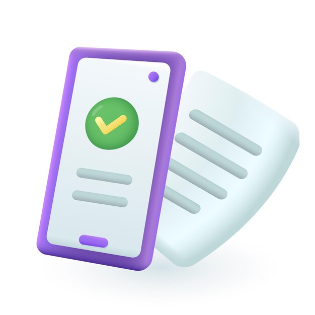 Marca de verificación de estilo de dibujos animados 3d en el icono de la pantalla del teléfono. Notificación de mensaje de éxito o escaneo de documentos en la ilustración de vector plano de fondo blanco. Papeleo, concepto de acuerdo