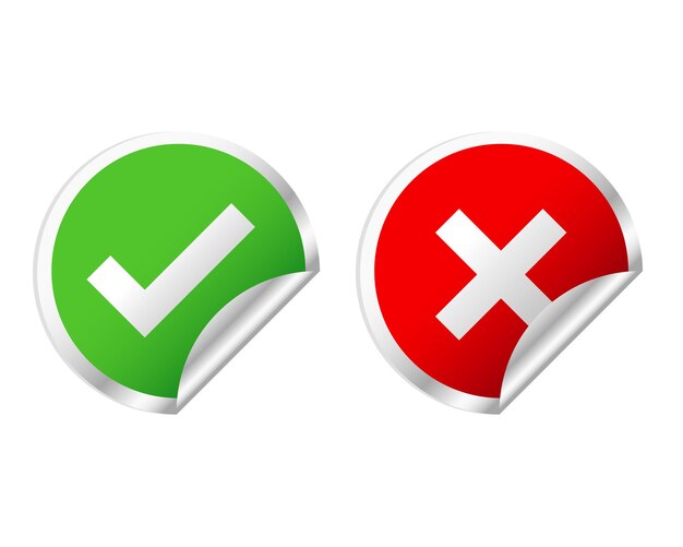 Marca de verificación verde y pegatinas de cruz roja