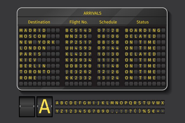 Marcador de aeropuerto o ferrocarril. Mostrar aeropuerto, información con horario, ilustración vectorial