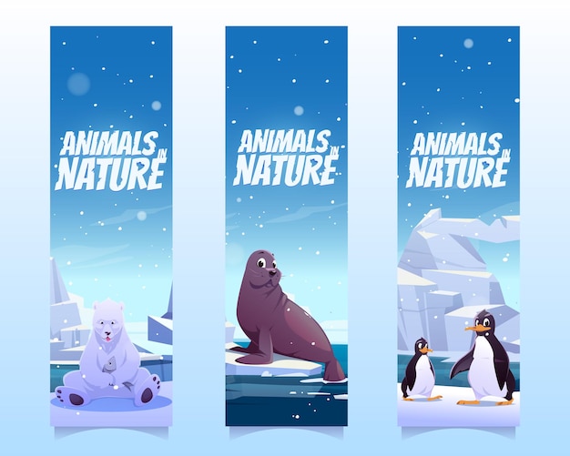 Marcadores con pingüinos, osos polares y focas en témpano en el mar. banners verticales vectoriales de animales en la naturaleza con ilustración de dibujos animados de animales salvajes de la antártida, el polo norte y alaska
