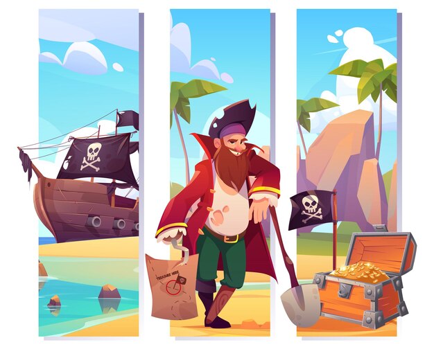 Marcapáginas con pirata en la playa de la isla, cofre del tesoro y barco con bandera negra con calavera y tibias cruzadas. Banners verticales de vector con dibujos animados de corsario, playa de mar y caja de madera con monedas de oro
