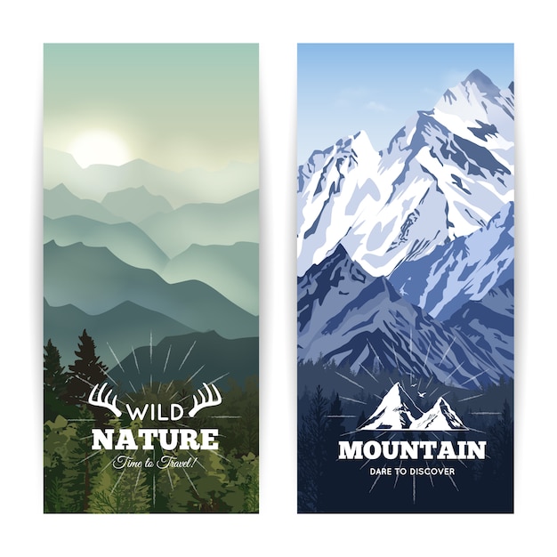 Vector gratuito marcar como banderas de paisaje de bosque salvaje antes de colinas de neblina y montañas de invierno