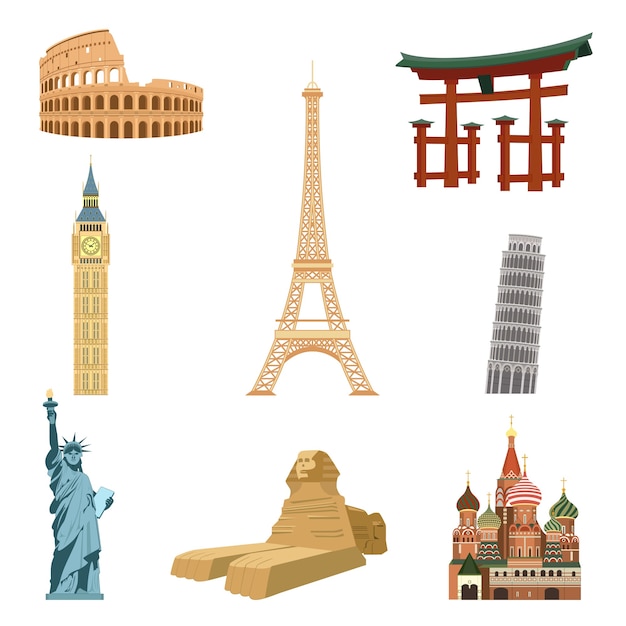 Vector gratuito marcas famosas conjunto de la torre eiffel estatua de la libertad taj mahal aislado ilustración vectorial