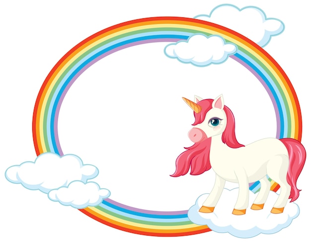 Marco de arco iris con lindo personaje de dibujos animados de unicornio vector gratuito