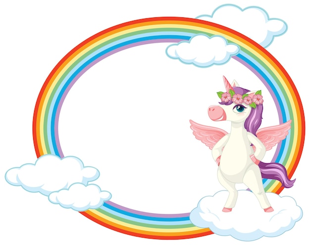 Vector gratuito marco de arco iris con lindo personaje de dibujos animados de unicornio