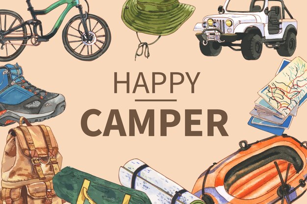 Marco de camping con bicicleta, sombrero de cubo, coche, mapa e ilustraciones de barco.