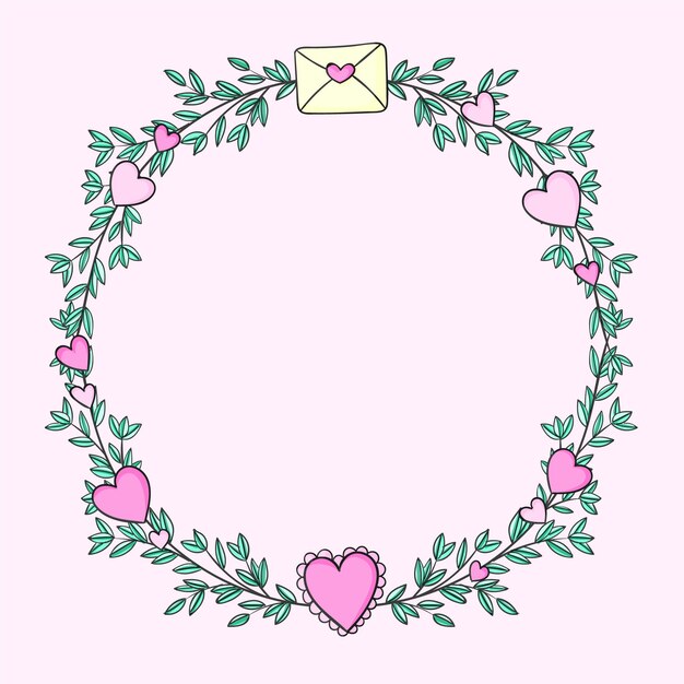 Marco circular dibujado a mano con corazones rosas