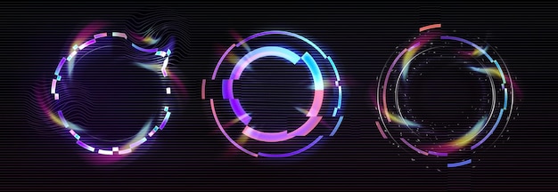 Marco circular con glitch y efecto de brillo de neón