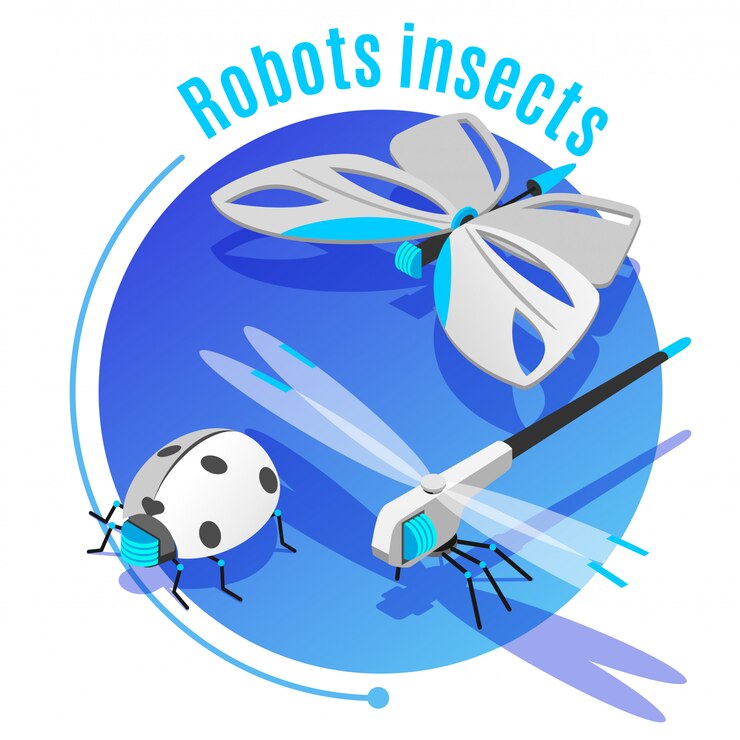 Vector gratuito marco de círculo decorativo isométrico de insectos animales con mariposa robótica inalámbrica voladora mariquita escarabajo libélula