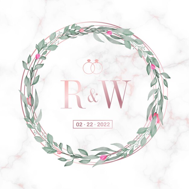 Marco de círculo de oro rosa con flores en mármol para logotipo de monograma de boda y tarjeta de invitación