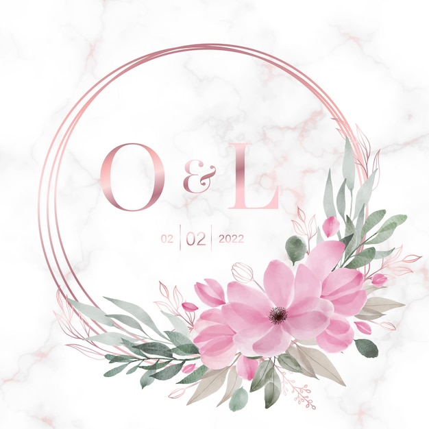 Marco de círculo de oro rosa con flores en mármol para logotipo de monograma de boda y tarjeta de invitación