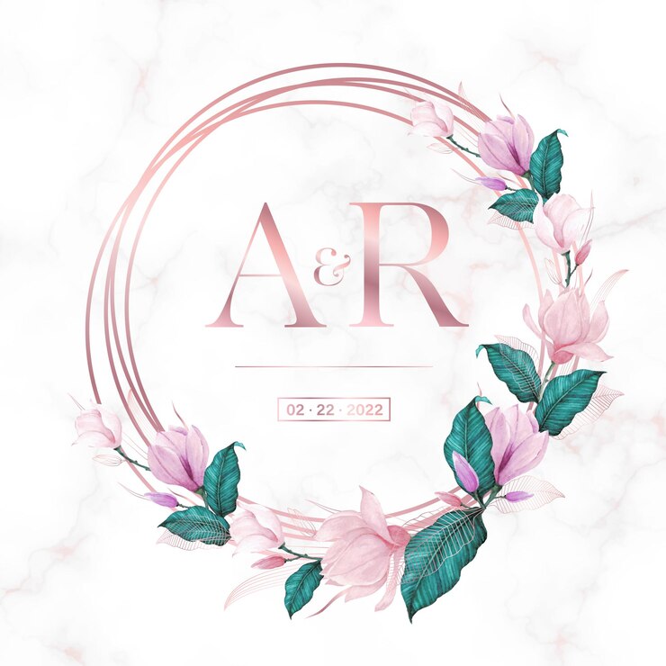 Vector gratuito marco de círculo de oro rosa con flores sobre fondo de mármol para el logotipo del monograma de boda y la tarjeta de invitación