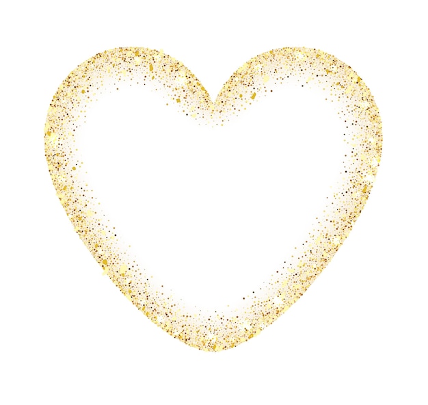 Marco de corazón dorado brillo con espacio para texto. Corazón de vector de oro resplandor de lujo abstracto. Polvo de oro vector aislado en blanco.