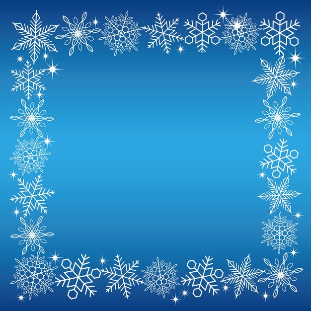 Marco de cristal de nieve blanco cuadrado de vector sobre un fondo azul.