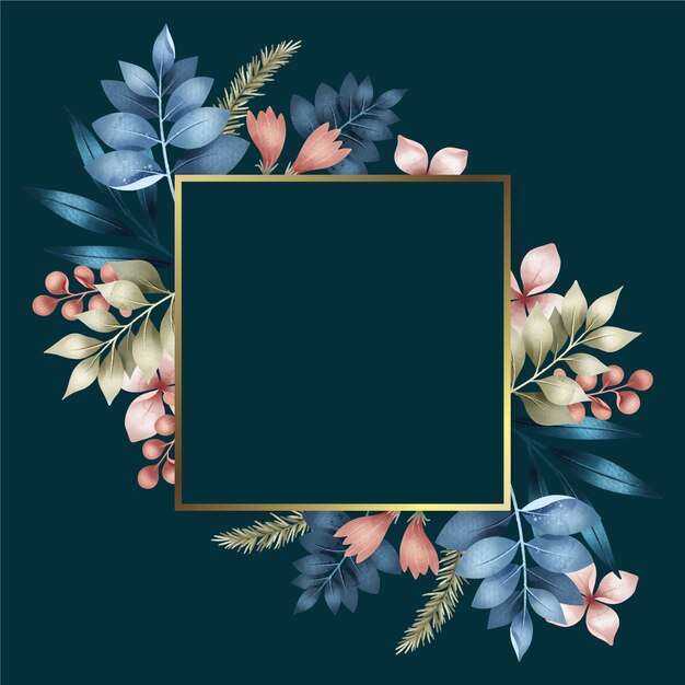 Marco cuadrado dorado con flores de invierno