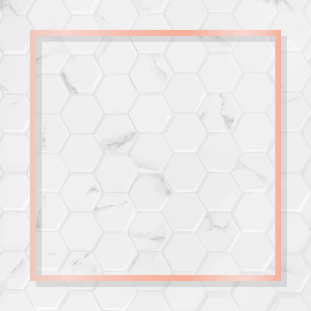 Marco cuadrado de oro rosa en vector de fondo de mármol blanco de patrón hexagonal