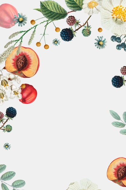 Vector gratuito marco decorado con flores y frutas.