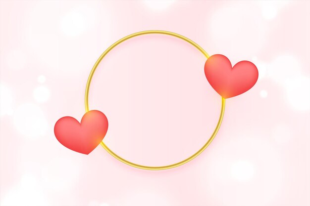 Marco dorado con dos corazones de fondo del día de San Valentín
