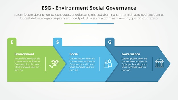 Marco ESG concepto infográfico para presentación de diapositivas con forma de rectángulo de flecha grande dirección derecha con lista de 3 puntos con estilo plano