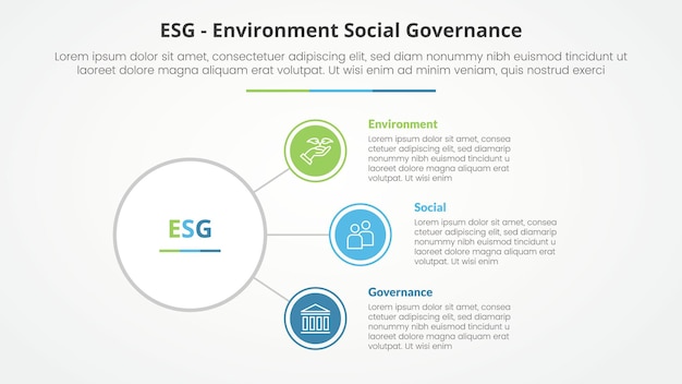 Vector gratuito marco esg concepto infográfico para presentación de diapositivas con red de conexión de línea de enlace de círculo con lista de 3 puntos con estilo plano