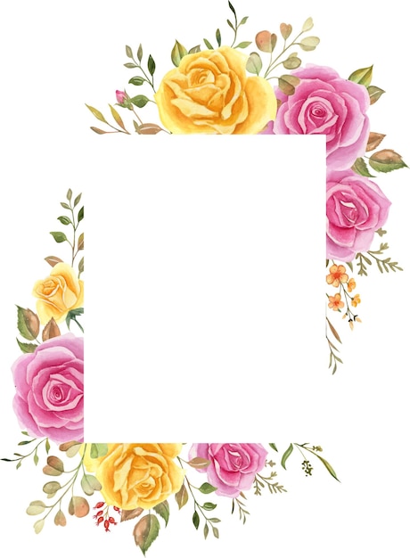 Vector gratuito marco floral de acuarela, borde de flores de acuarela, corona de flores, hojas y rosa rosa-amarillo rosa,