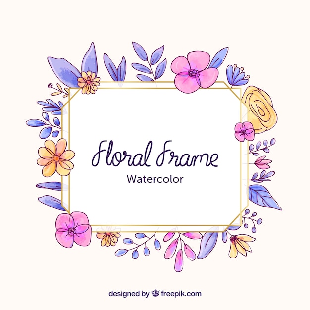 Vector gratuito marco floral en acuarela con líneas doradas