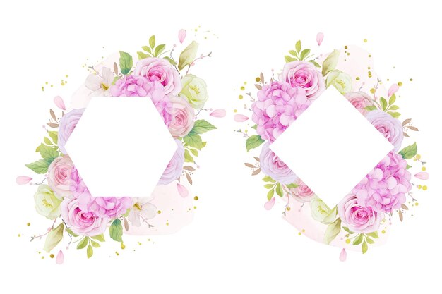 marco floral con acuarela rosas rosadas y flor de hortensia azul
