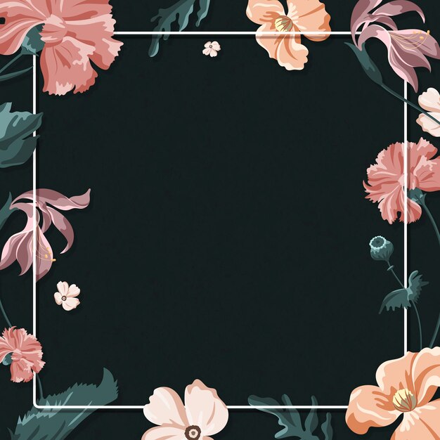 Marco floral colorido sobre un fondo negro