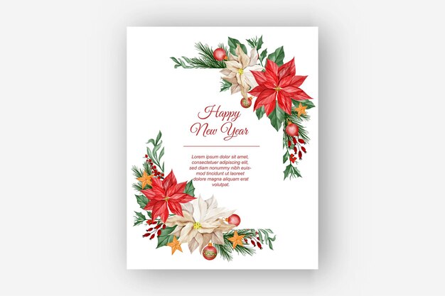 Marco floral navideño acuarela con flor de Pascua, hojas y bola de luz navideña