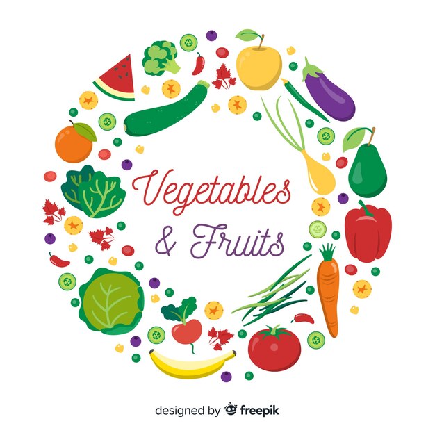 Marco de frutas y verduras rodeado de círculos