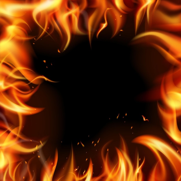Marco de fuego realista de llamas rojas brillantes en una ilustración de vector de fondo negro